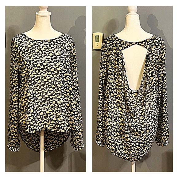 LUSH Women’s L SHEER BOHO TOP Blue / Beige Floral: high-low; open-back; flowing - Picture 3 of 10